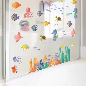 Cartoon underwater ocean world wall stickers with colorful fish and coral for kids bathroom