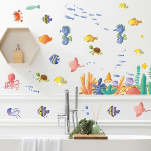 Cartoon underwater world wall decals with sea turtle and fish for kids bathroom decor