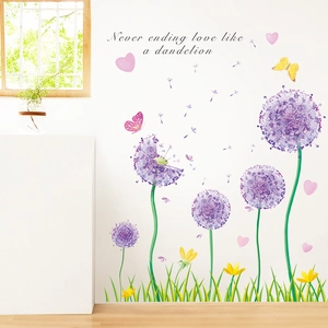 Purple dandelion wall stickers with butterflies and Never Ending Love text for home decor