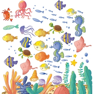 Colorful cartoon underwater world wall stickers with sea creatures and coral for kids room