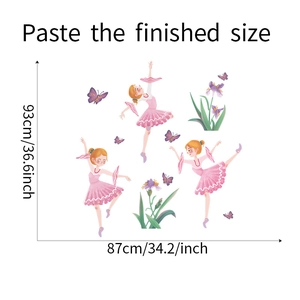 Dimensions for ballet girl wall decals with butterflies and iris flowers for kids rooms