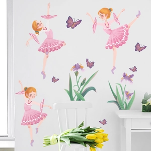 Cartoon dancing ballerina wall decals with floral butterfly patterns for girls room decor