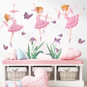 Cartoon ballet girl wall stickers set with pink dancers and purple iris flowers decor
