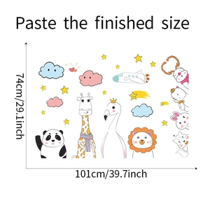 Detailed dimensions of 101x74cm showing cartoon animals wall stickers for kids rooms