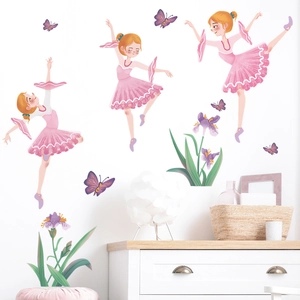 Cartoon Ballerina Girl Wall Stickers Pink Dance Dress Purple Butterfly Floral Waterproof PVC DIY Kids Room Home Decor Mural