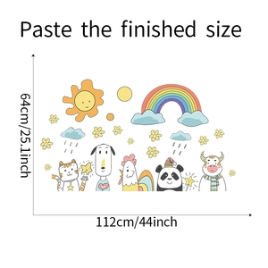 Detailed size chart for animal wall stickers with sun and rainbow in 112x64cm dimensions