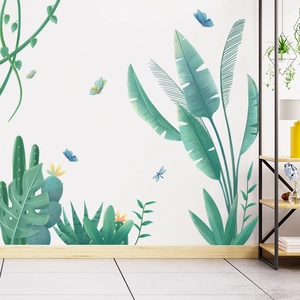 Wandsticker mit tropischen Bananenblättern und Monstera sowie blauen Schmetterlingen
