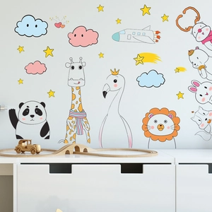 Cartoon animal wall stickers for kids rooms with giraffe, lion and cloud decorations