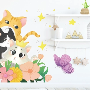 Stickers Muraux Chat de Dessin Animé Mignon Imperméable en PVC Autocollant Fleur Papillon pour Chambre d'Enfant