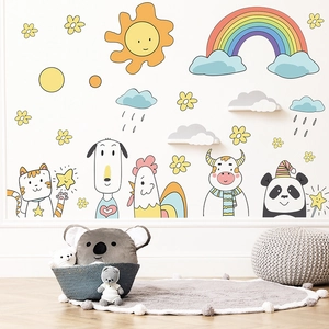 Cartoon animals wall decals with sun and rainbow for kids bedroom DIY wall decor