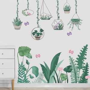 Self-adhesive tropical plant wall stickers with hanging potted plants and butterflies