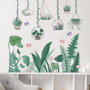 Tropical green plant wall stickers with hanging potted plants and butterfly decorations