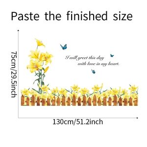 Détail montrant les dimensions 130x75cm du stickers mural fleurs jaunes et citation