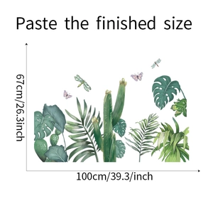 Detail showing tropical leaves wall stickers with dimensions 67cm by 100cm on white background