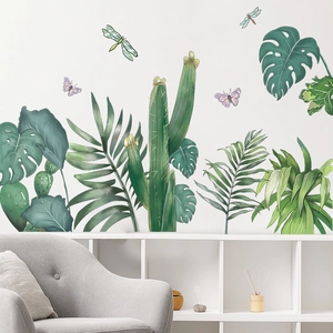 Tropical green leaves wall decals with monstera and palm patterns for living room decor