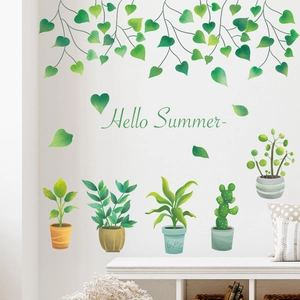 Fresh succulent plant wall stickers with hanging vines and Hello Summer decorative art