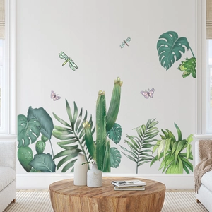 Tropical green leaves wall decals with monstera and palm leaves for living room decor