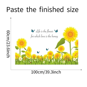 Detail showing self-adhesive sunflower wall decals with dimensions 100cm by 60cm