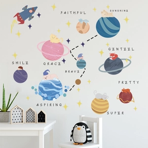 Cartoon space animals and planets wall decals for children's bedroom decor