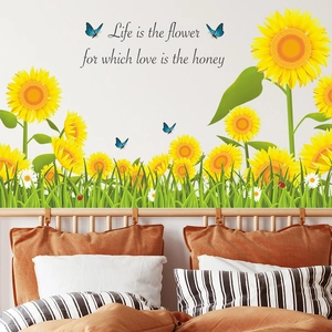 Cartoon sunflower wall stickers with life quote for bedroom and living room decor