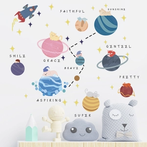 Cartoon space animals and rocket wall decals for children room and nursery decor
