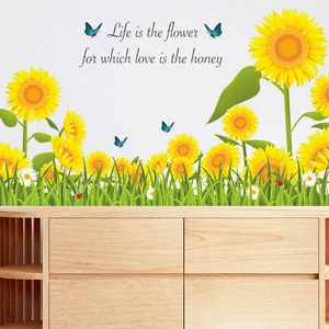 Cartoon sunflower wall stickers with life quote for bedroom and living room decor