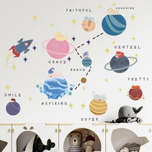 Close-up of cartoon space animal wall stickers with colorful planets and rockets in nursery