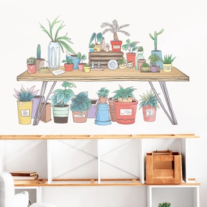Detail of hand-painted succulent plants and green potted herbs wall sticker for home decor