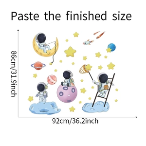 Cartoon astronaut moon wall decal set showing dimensions 92x86cm for kids room decor