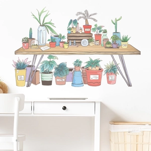 Potted plants on wooden shelf wall decal for home bedroom and study decoration