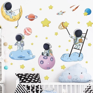 Cartoon astronaut and moon wall stickers for kids nursery room with colorful stars decor