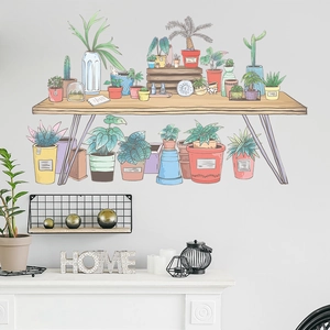 Potted Plants Wooden Shelf Wall Stickers PVC Waterproof Hand-Painted Succulents Cacti Wall Decals For Home Decoration
