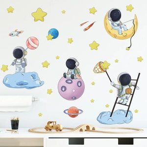 Cartoon astronaut and moon wall stickers set for kids nursery room decor and wall art