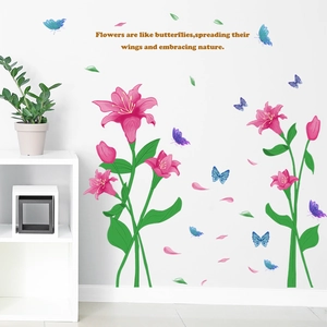 Detail showing pastoral flower wall stickers with pink lilies and blue butterflies