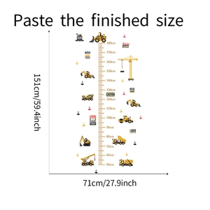 Detailed size chart of cartoon excavator height wall sticker with 151x71cm dimensions