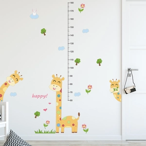 Cartoon giraffe height chart wall decal with floral forest elements and 60-180cm scale