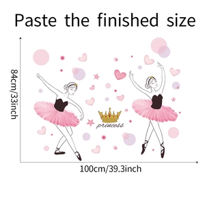 Stickers muraux ballerine princesse avec coeurs roses et couronne, 100x84cm
