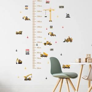 Construction Truck Height Growth Chart Wall Sticker Removable PVC Cartoon Excavator Crane Decal For Kids Boys Bedroom Decor