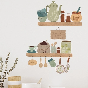 Cartoon kitchen shelf wall stickers with hand-drawn utensils and warm Morandi colors