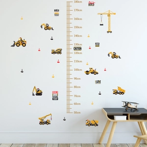 Cartoon construction vehicle height chart wall sticker for kids room decor with excavator