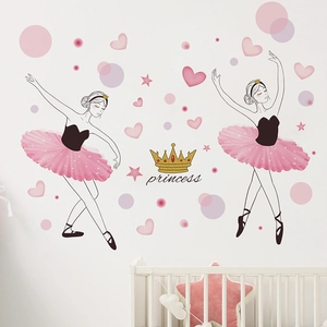Stickers Muraux Fille Ballerine en PVC Dessin Animé Cœur Couronne Princesse pour Chambre d'Enfant Décoration Murale Maison