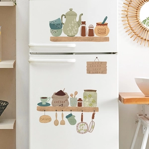 Cartoon kitchen utensils wall decals with coffee bags and cutlery set on fridge