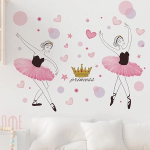 Stickers muraux ballerine avec couronnes et cœurs pour décoration de chambre fille