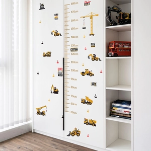 Construction theme height chart with excavator and crane stickers for kids room decor