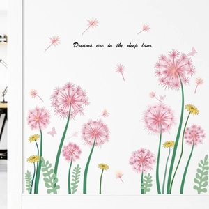 Detail of pink dandelion and yellow flower wall decal with motivational English text