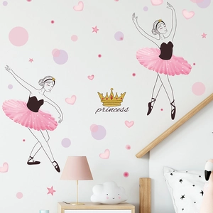Stickers muraux ballerines avec cœurs roses et couronne dorée pour chambre de fille