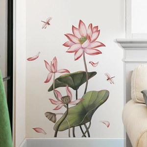 Adesivo murale autoadesivo con fiori di loto rosa, foglie di ninfea verdi e libellule