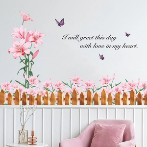 Detailed wall decal featuring pink lilies, purple butterflies, and inspirational slogan