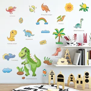 Adesivi murali dinosauri colorati con sole e palme per decorazione camera dei bambini