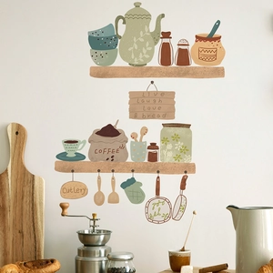 Cartoon kitchen utensils wall stickers in Morandi colors for home decor and dining room
